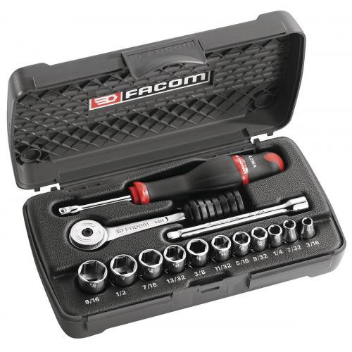Facom Tools 1/4'' Square Drive Inch 6pt Socket Set + R.151 Ratchet + Case - R.418au